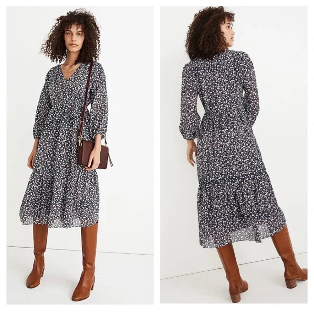 Madewell Navy Floral Tie Waist MIDI Dress